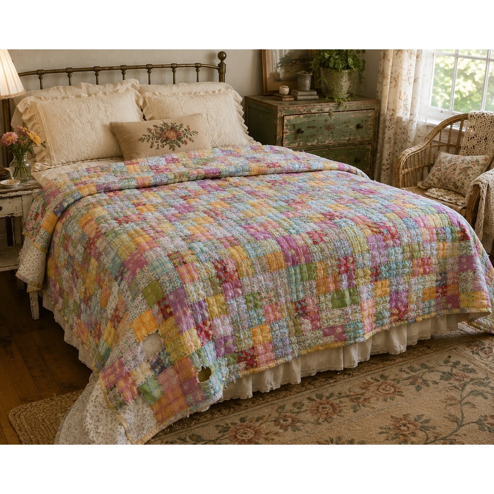 Vintage Handmade Patchwork Puff Quilt 65x76 Cottage Floral Plaid Cutter Quilt